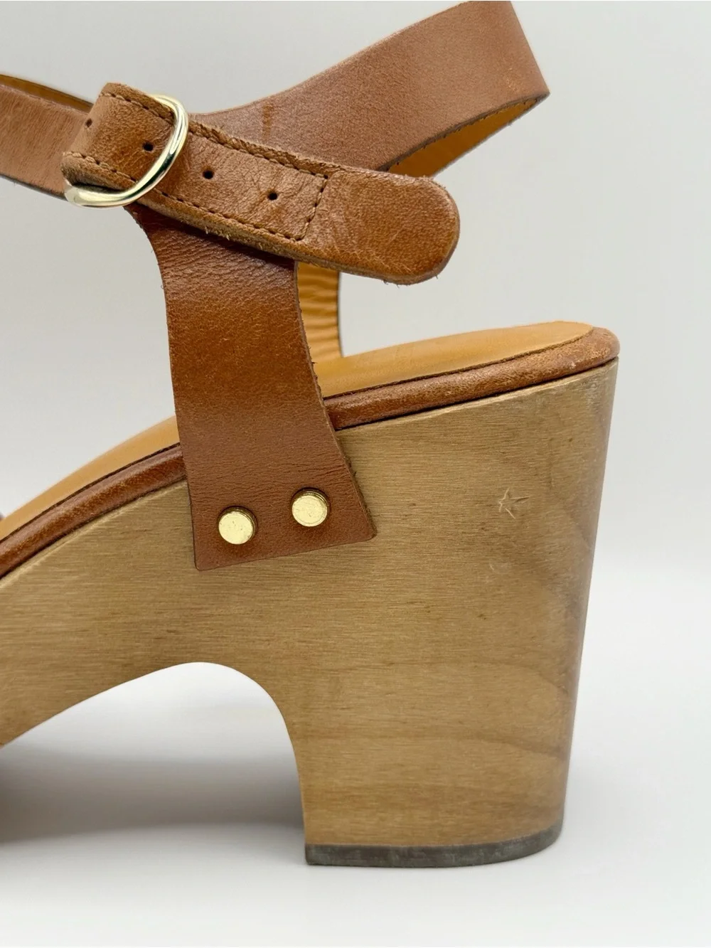 Sézane Isabelle Clogs Smooth Camel Leather Wooden Platform Sandals Brown 39 Shoe